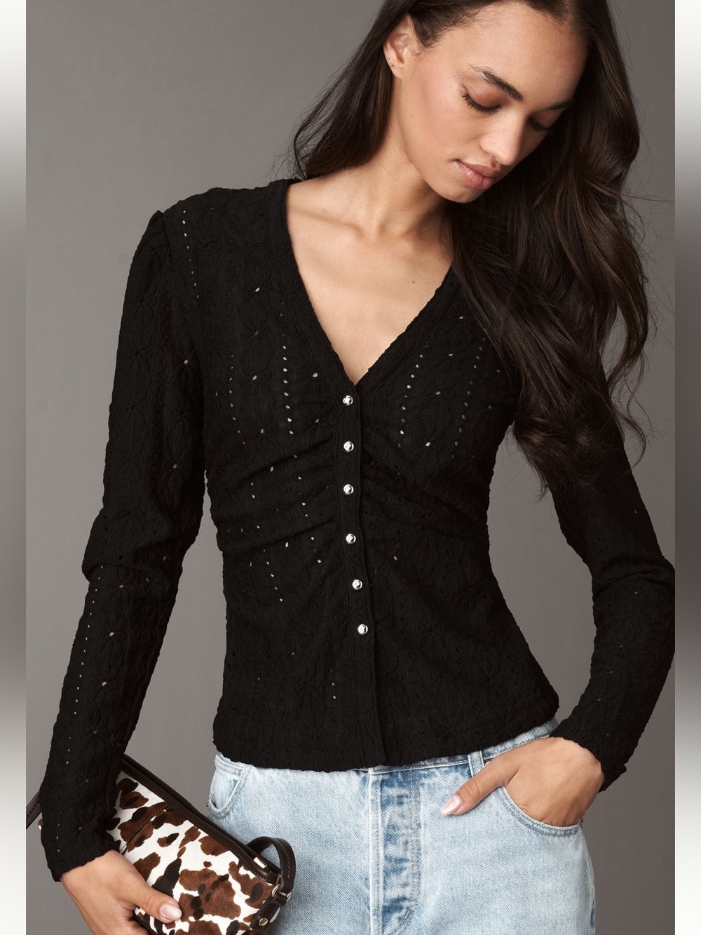 Anthropologie Maeve XS Black Textured Eyelet Ruched Button Front Fitted Top